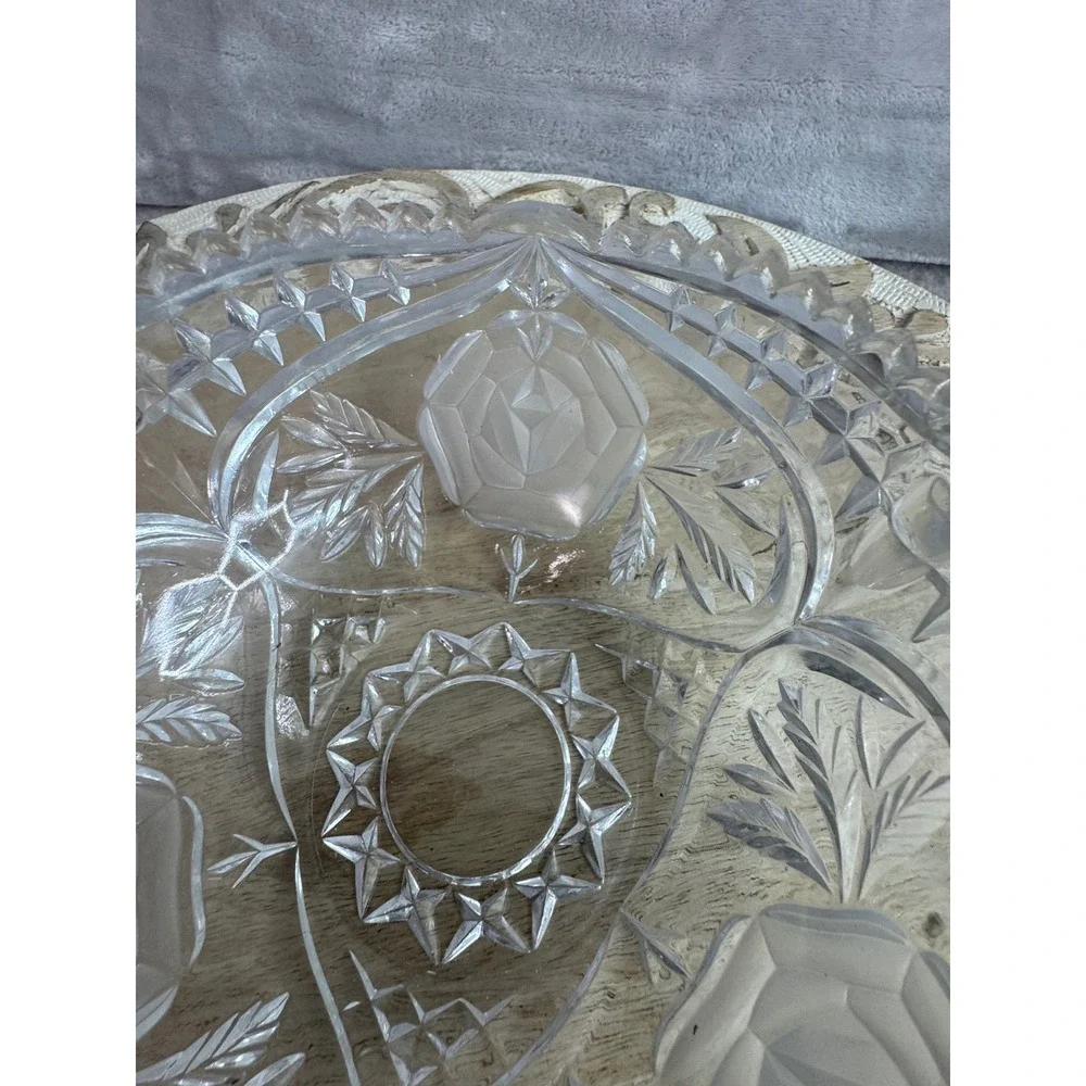 Vintage Frosted Rose Crystal Glass Bowl Scalloped‎ Floral Candy Dish 7
